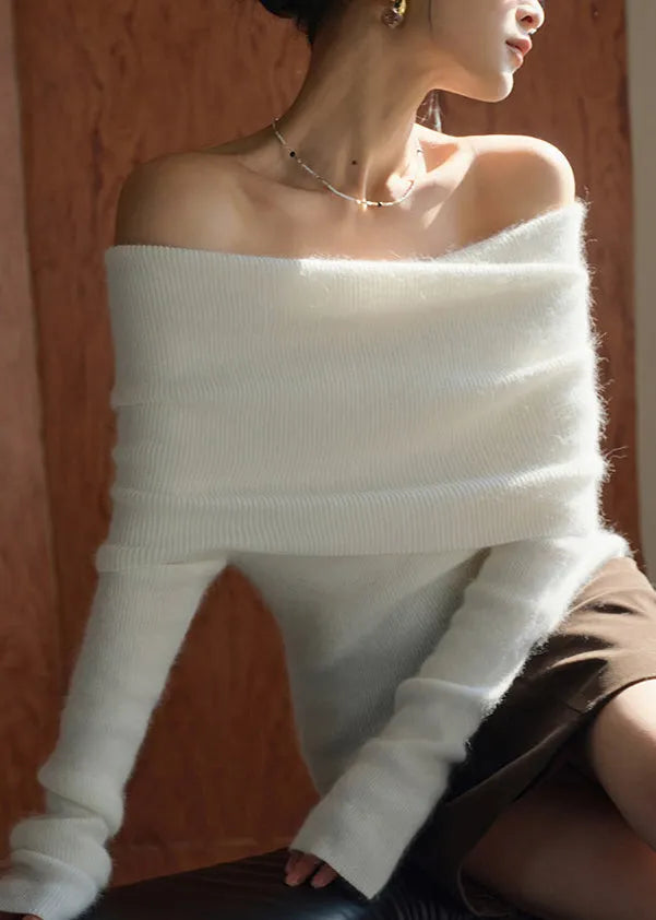 Italian Red Cold Shoulder Cotton Knit Sweater Tops Spring