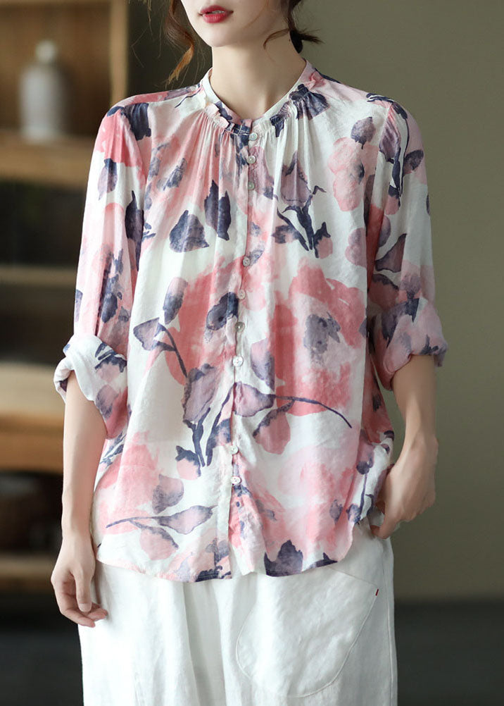 Green Print Wrinkled Button Patchwork Cotton Top Spring