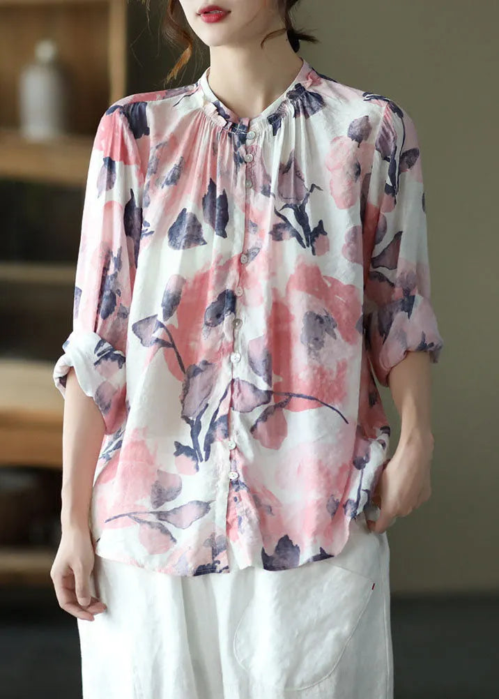Green Print Wrinkled Button Patchwork Cotton Top Spring