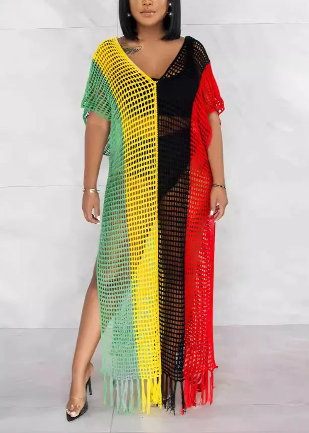 European and American White Tassel Hollow Out Knitted Dress Summer
