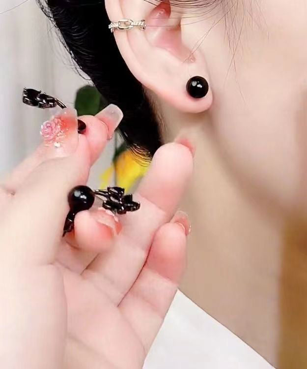Fine Black Alloy Inlaid Gem Stone Stud Earrings