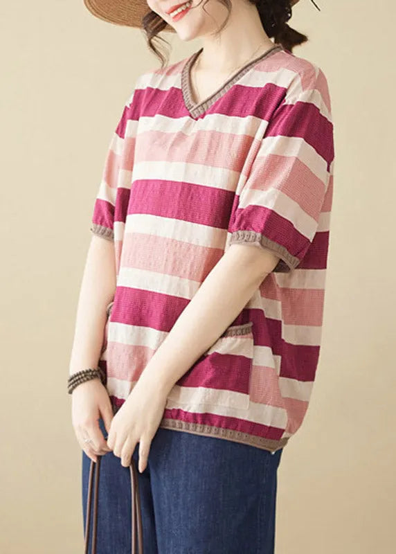 Loose Striped Patchwork O-neck T Shirts Short Sleeve