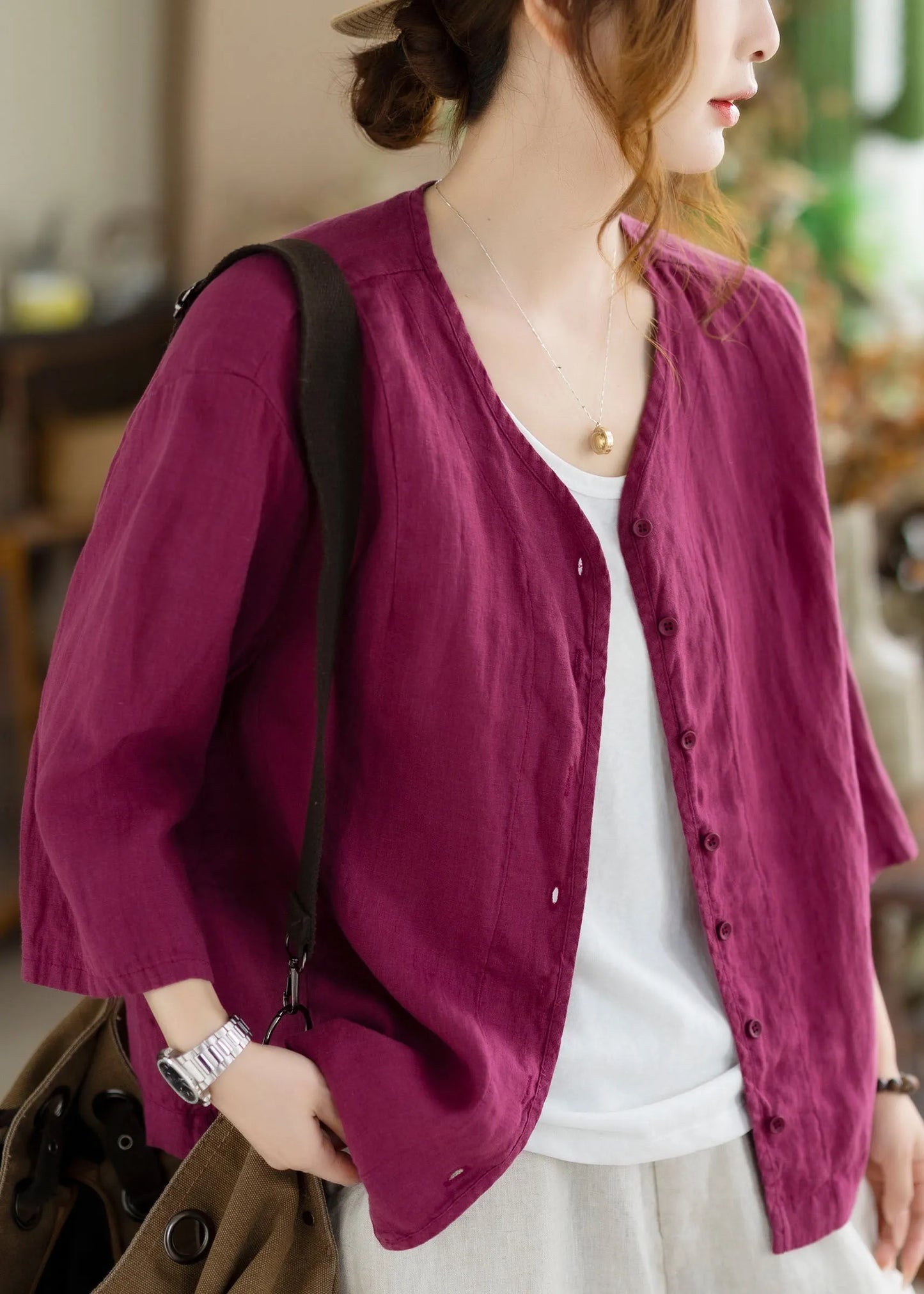 New Coffee V Neck Button Linen Cardigan Bracelet Sleeve