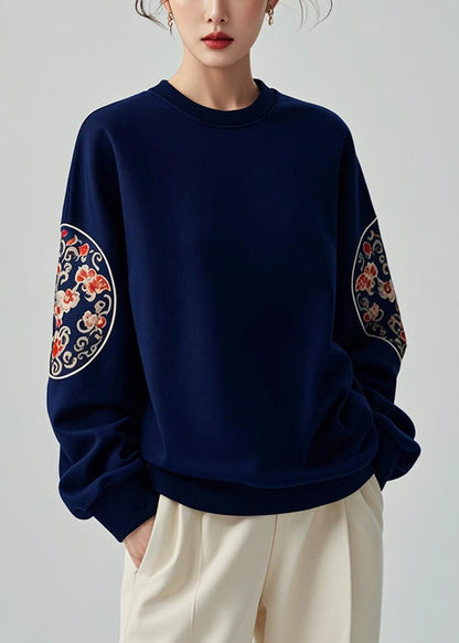 Navy O Neck Print Cotton Pullover Sweatshirts Fall
