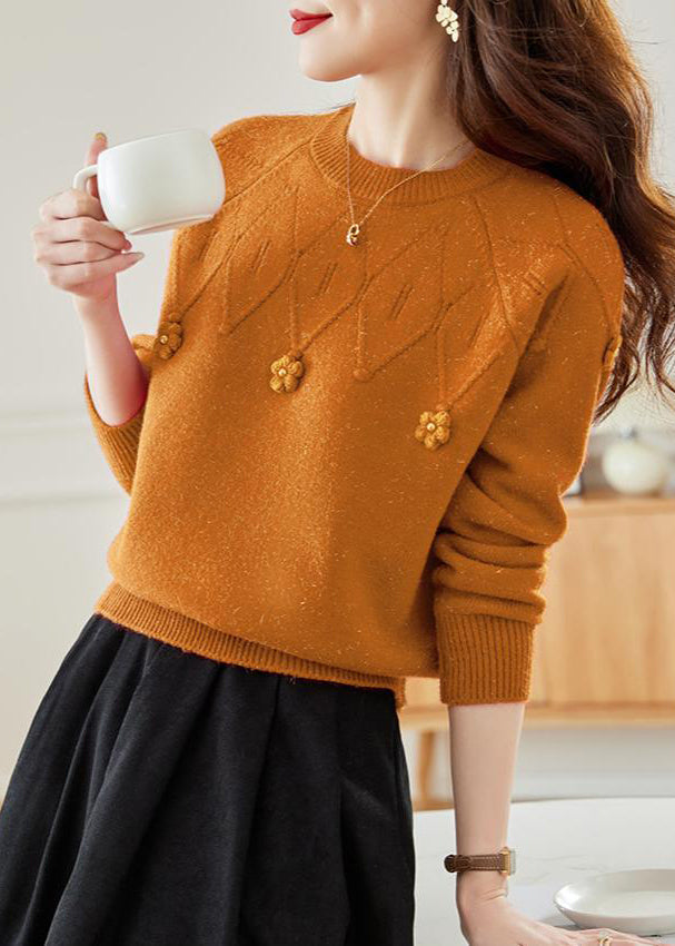 Orange Hollow Out Knit Fall Sweaters O Neck