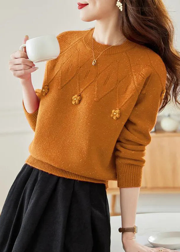 Orange Hollow Out Knit Fall Sweaters O Neck