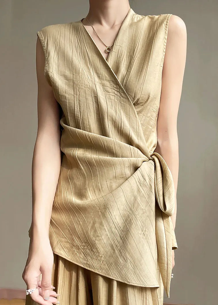 Khaki Lace Up Cotton Sleeveless Shirts V Neck