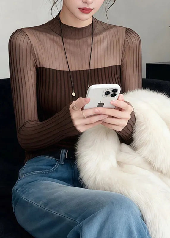 Modern Coffee Tulle Patchwork Knit Top Long Sleeve