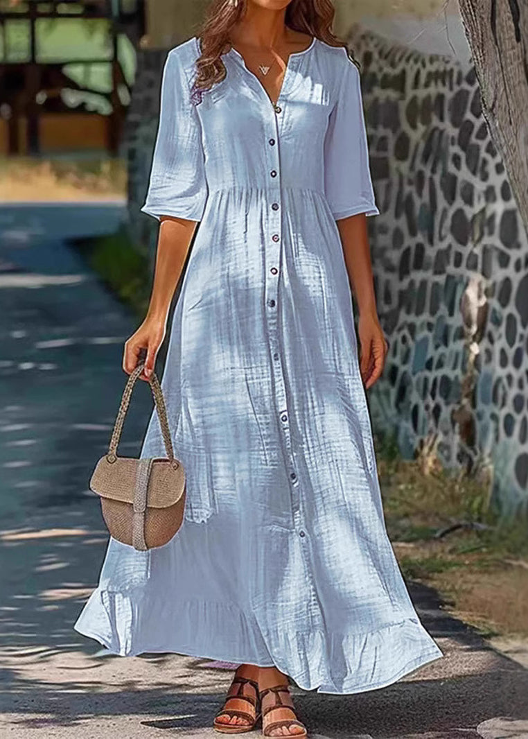 Simple Green Button Cotton Shirts Dresses Half Sleeve