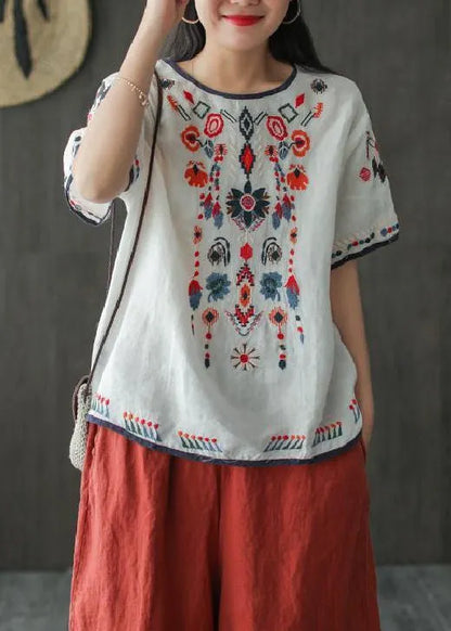 Loose White Embroidered Cotton T Shirt Summer