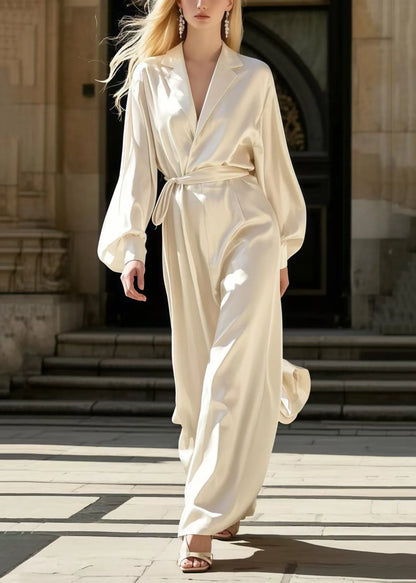 Milk White Notched Tie Waist Silk Overalls Jumpsuit Spring