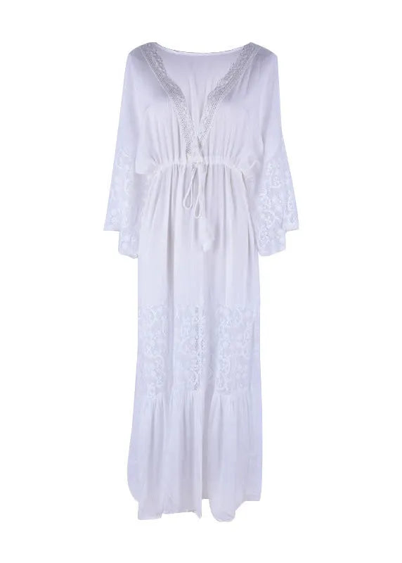White V Neck Hollow Out Lace Patchwork Cotton Dress Summer