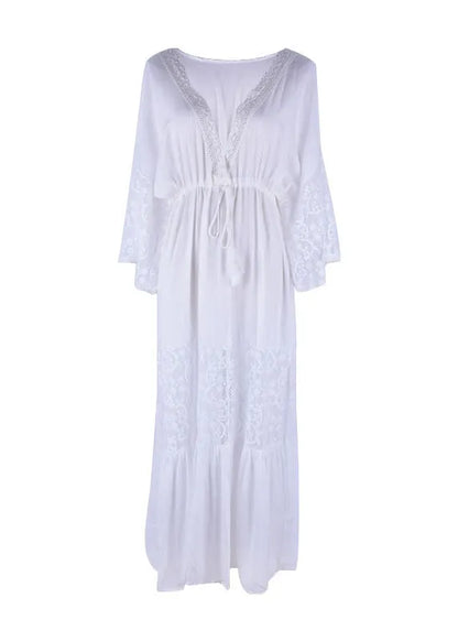 White V Neck Hollow Out Lace Patchwork Cotton Dress Summer