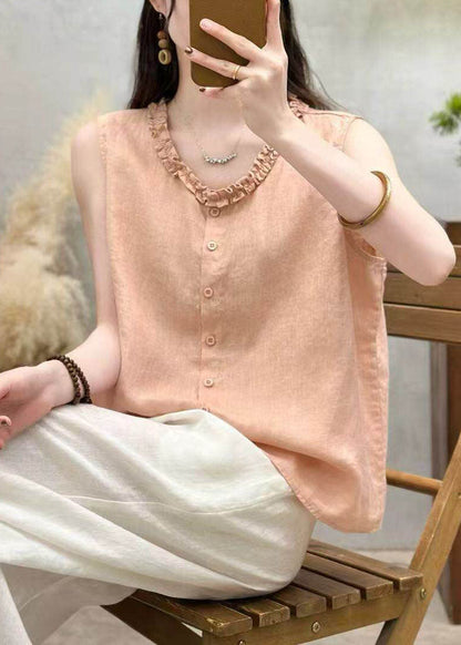 Yellow Ruffled Button Patchwork Linen Top Sleeveless