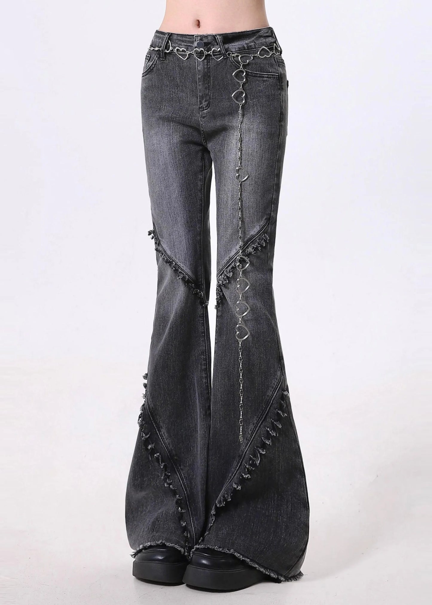 Silm Fit Blue Tasseled Patchwork Denim Bell-bottom Trousers Spring