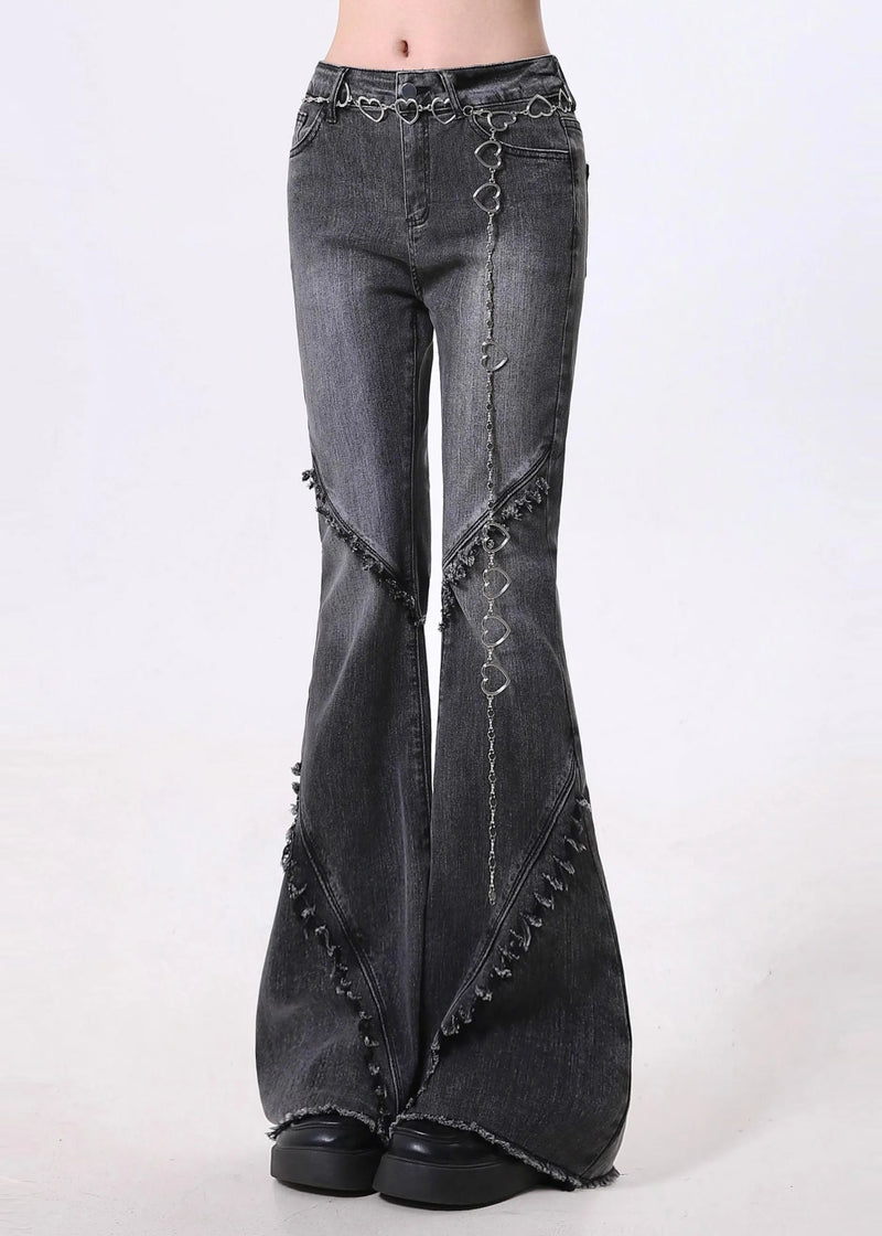 Silm Fit Blue Tasseled Patchwork Denim Bell-bottom Trousers Spring