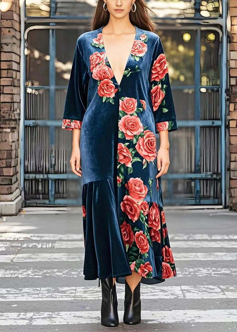Diy Navy Deep-v Neck Silk Velvet Maxi Dress Bracelet Sleeve