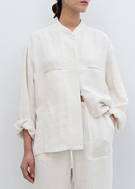 White Stand Collar Pockets Linen Shirts Spring