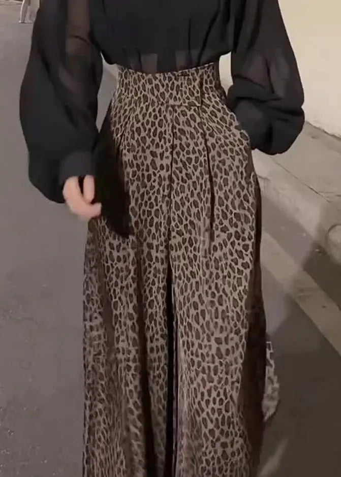 Leopard Pockets High Waist Cotton Wide Leg Pants Fall