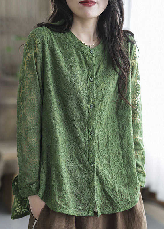 Green Lace Tops Asymmetrical Embroidered O-neck Spring