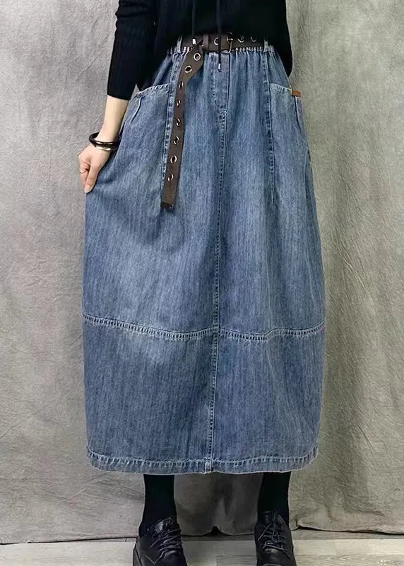 Grey Blue Pockets Patchwork Denim Skirts Spring
