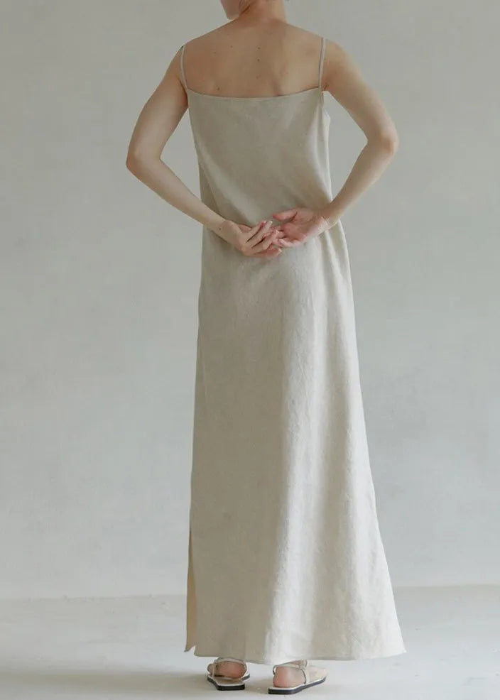Black V Neck Side Open Linen Spaghetti Strap Dress Summer