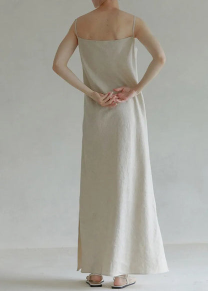 Black V Neck Side Open Linen Spaghetti Strap Dress Summer