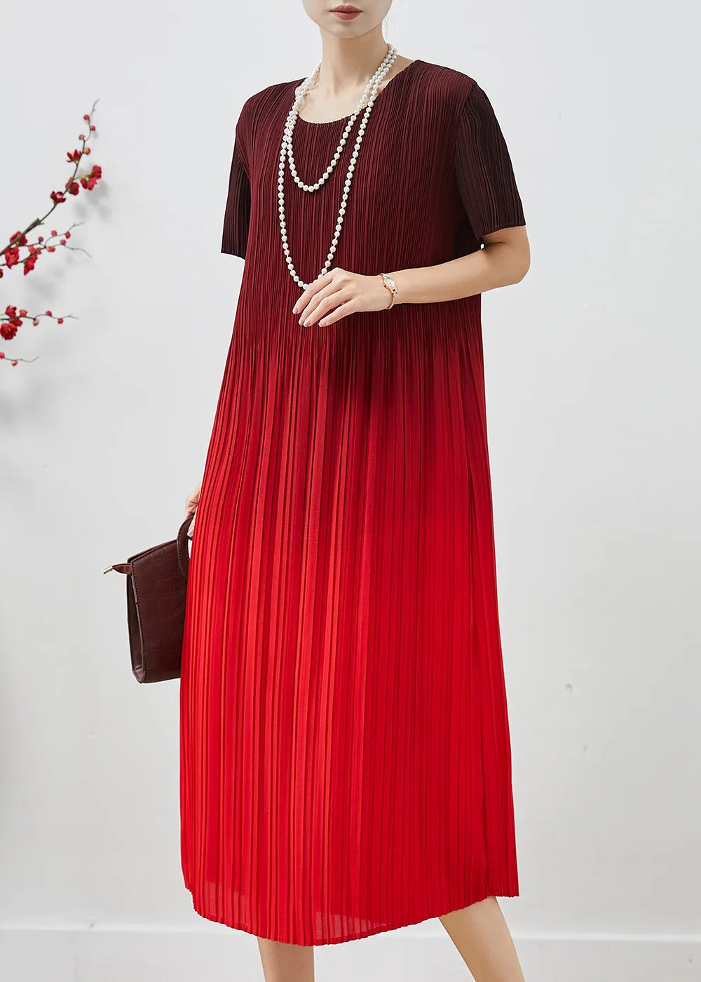 Gradient Red Oversized Wrinkled Chiffon Dress Summer