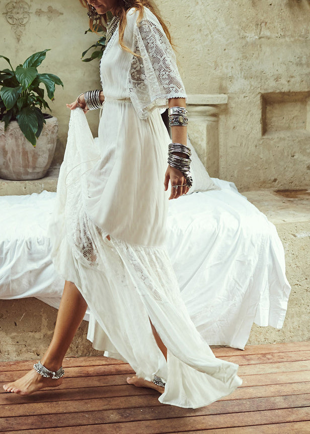 White V Neck Hollow Out Lace Patchwork Cotton Dress Summer