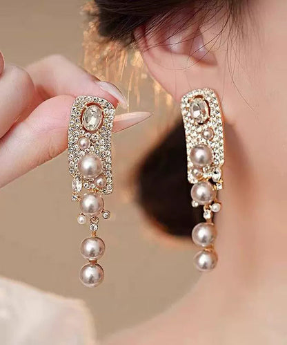 Rose Alloy Zircon Pearl Tassel Drop Earrings