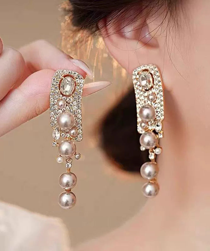 Rose Alloy Zircon Pearl Tassel Drop Earrings