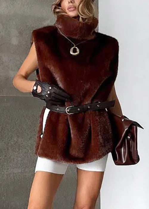 Fine Coffee Turtleneck Side Open Fluffy Waistcoat Sleeveless