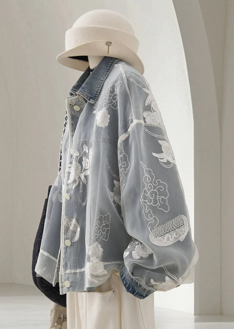 Loose Light Blue Embroidered Patchwork Denim Coats Fall