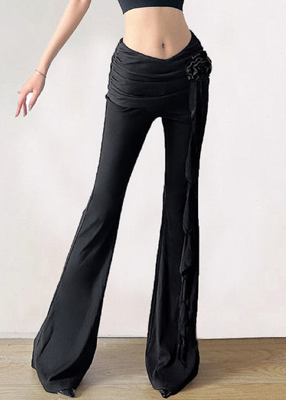 Fine Black Decoration High Waisted Flared Trousers Summer