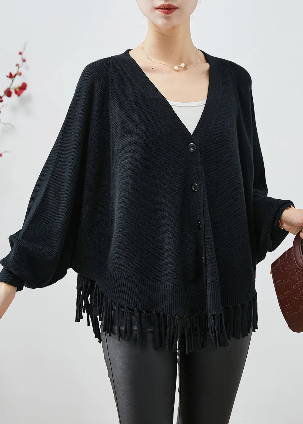 Black Oversized Tasseled Knit Coats Fall