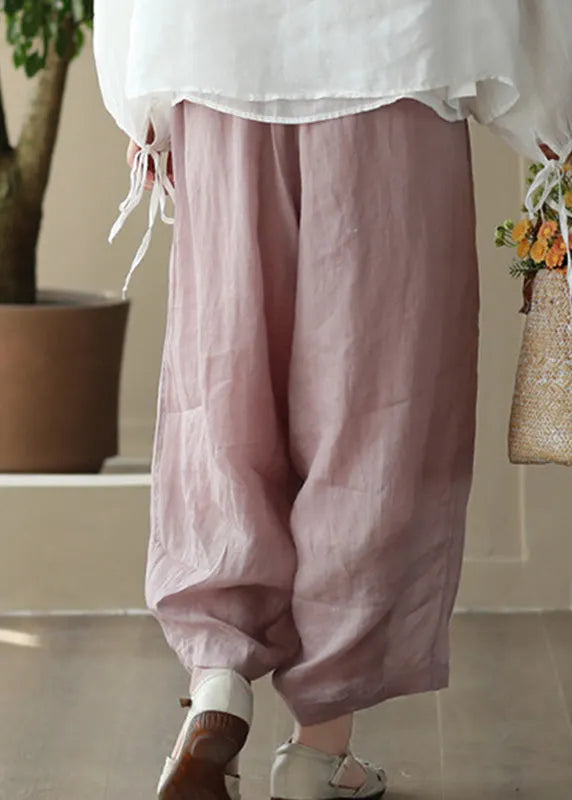 Brief Pink Elastic Waist Wide Ramie Leg Pants Summer