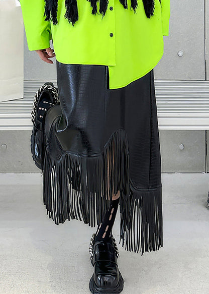 Black High Waist Tassel Patchwork Faux Leather a Line Skirt Fall