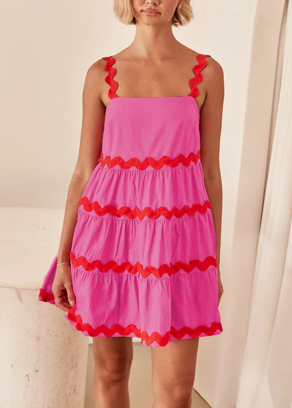 Rose Patchwork Cotton Short Spaghetti Strap Dress Summer