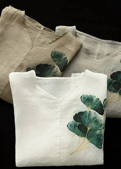 Coffee Green V Neck Print Patchwork Linen Shirts Half Sleeve