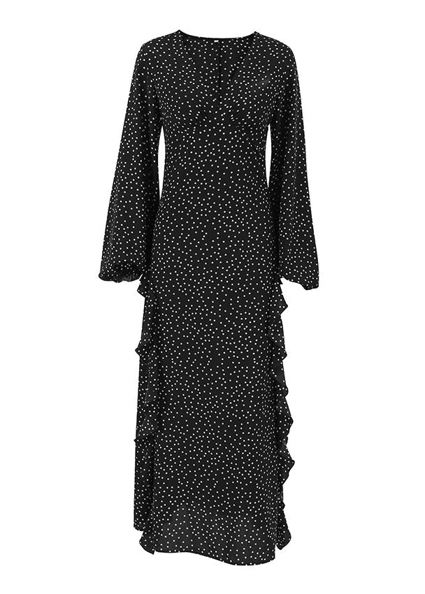Black V Neck Ruffled Print Chiffon Dress Fall