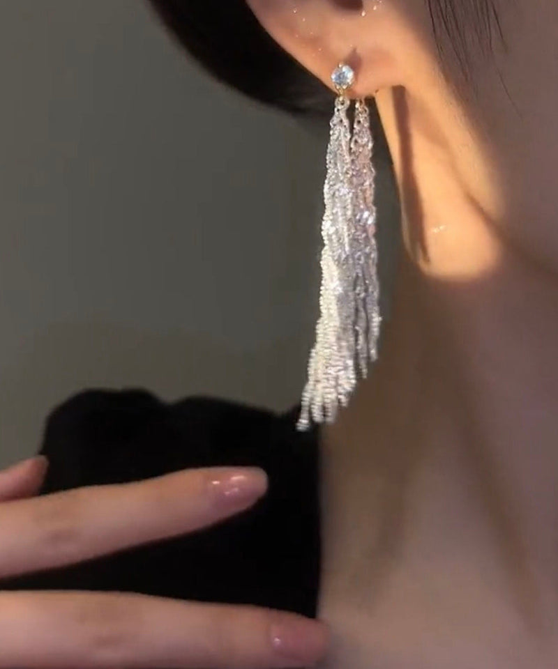 White Alloy Zircon Design Drop Earrings