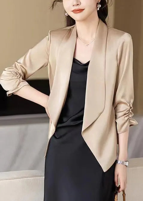 Champagne Peter Pan Collar Wrinkled Satin Coats Spring