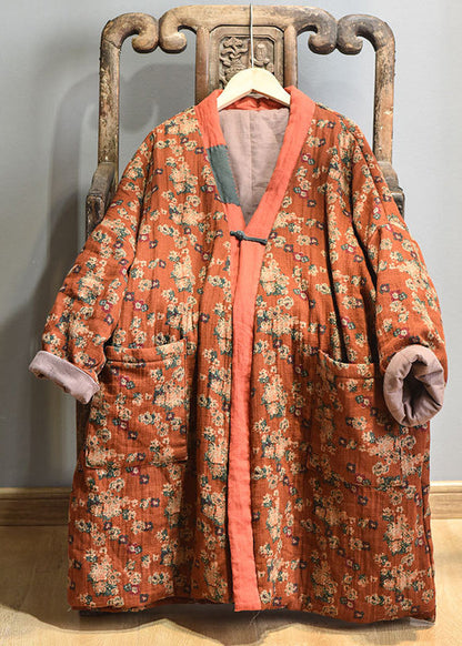 Purple V Neck Pockets Print Fine Cotton Filled Winter Coats