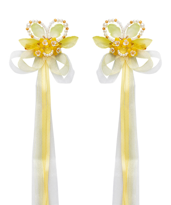 Vogue Yellow Chiffon Ribbon Pearl Colored Glaze Osmanthus Kids a Pair Hairpin