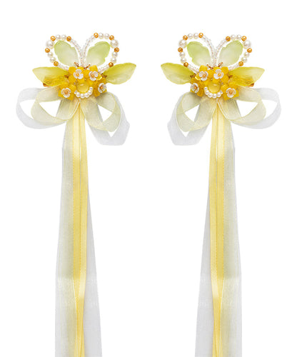 Vogue Yellow Chiffon Ribbon Pearl Colored Glaze Osmanthus Kids a Pair Hairpin