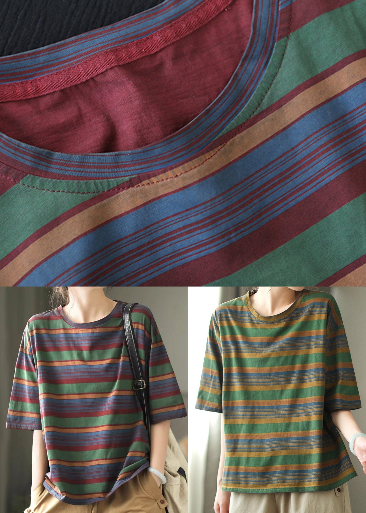 Versatile Red O Neck Striped Cotton T Shirts Summer