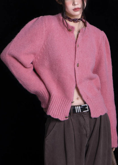 Rose O Neck Button Patchwork Knit Cardigan Fall