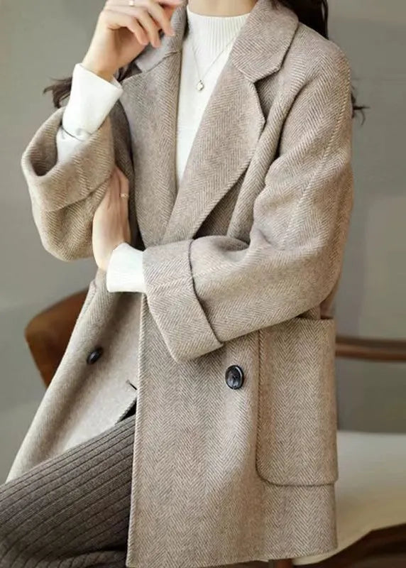 Loose Grey Notched Pockets Double Breast Woolen Coat Winter