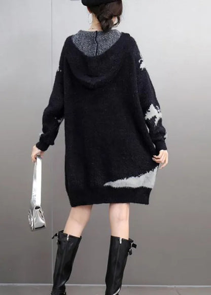 Black V Neck Thick Print Cotton Knit Sweaters Winter