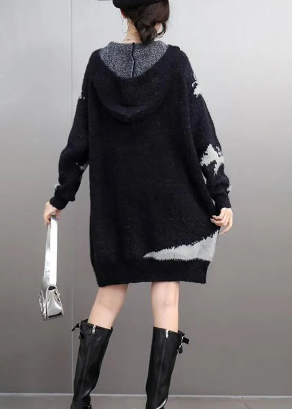 Black V Neck Thick Print Cotton Knit Sweaters Winter